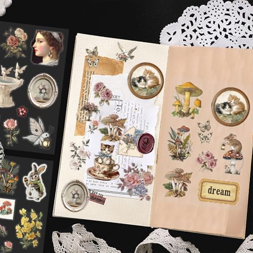 8 Sheets Vintage Cottagecore Aesthetic Stickers for Scrapbooking, Pre-Cut Clear Victorian Ephemera Floral Botanical Journal Stickers, Self Adhesive Junk Journal Supplies