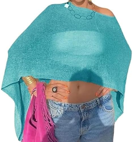 Nicoxijia Women Y2K Sheer Knit Poncho Top Lightweight Summer Beach Knit Shrug Shawl Bolero Off Shoulder Mesh Sweater Cover Up