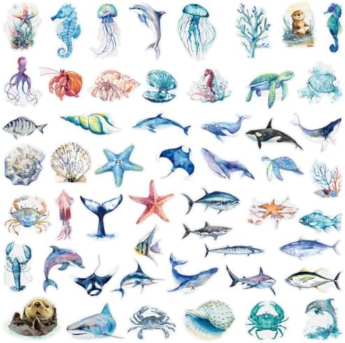 100PCS Marine Life Stickers, Waterproof PET Transparent Watercolor Ocean Decals for Laptop, Luggage, Skateboard, Phone, Fridge, Trendy Stickers for Teens, Adults, Boys and Girls（Marine Life