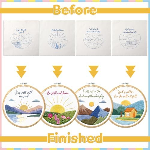 Fanfanwin 4 Pack Christian Embroidery Kit for Beginner Christian Cross Stitch Kits Easy Embroidery with Hoop, Needles, Threads, Instruction, Threads Tools for Hand Craft Lover Women Birthday Gift