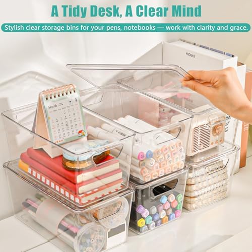 6 Pack Small Clear Storage Bins with Lids, Acrylic Arts and Craft Storage Containers, Stackable Clear Plastic Craft Storage Bins with Handles for Classroom Storage Organization,Kitchen, Fridge, Office