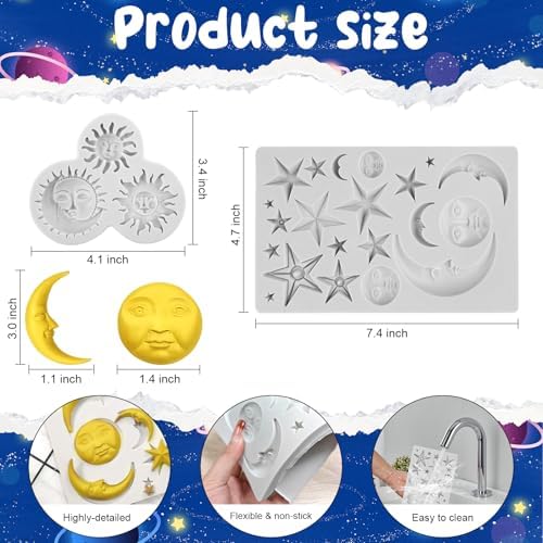 Sun Face Moon Star Silicone Molds 2Pcs Star Fondant Cake Mold Ramadan Eid Mubarak Chocolate Molds Sun Candy Polymer Clay Mold for Baking Craft Gum Biscuits Mousse