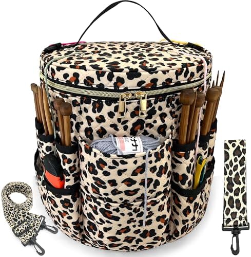 GuirCygne Crochet Bag Organizer – Durable & Heavy Duty Yarn Storage, Spacious 6L Knitting Bag for Crafters and Beginners, Easy-to-Use Leopard