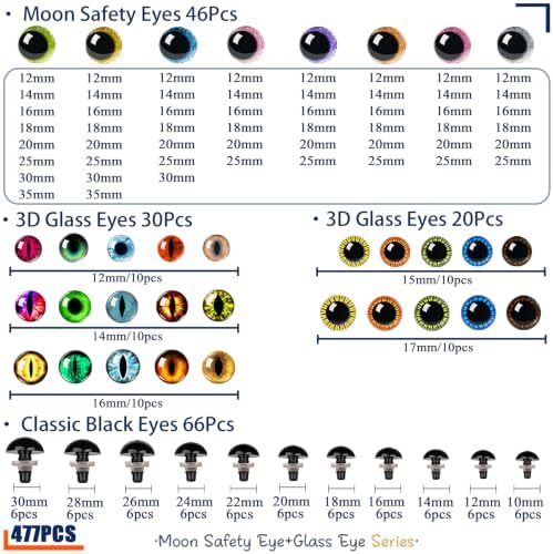 CSCHENGO 477Pcs10-35mm Glass Craft Safety Eyes 10-35mm 3D Shiny Round/Moon Eyes/Black Eyes with Noses/Glasses/Tags,for Adult DIY Crochet Handmade Craft Figurines Plush Crafts