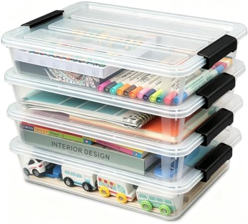EOENVIVS 4 Pack Clear Storage Bins with Lids, Stackable A4 & US Letter File Box Organizers, Craft Storage Bins and Sensory Bins for Classroom, Kids Art Supplies, Documents and Projects, Black Latches