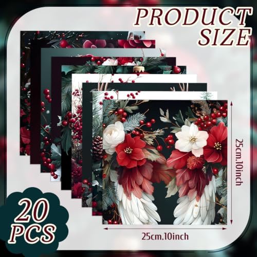 HunnmingRe 20 Pcs 10''x10'' Burgundy Christmas Quilting Fabric Square Gothic Precuts Quilted Fabric Bundle Santa Angel Printed Sewing Material for Winter Patchwork Scrapbook Junk Journal DIY Craft