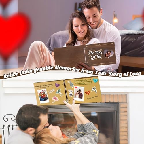 CY2SIDE Couples Photo Album Scrapbook - 111PCS The Story of Us Wooden Scrapbook Craft Kit with Heart Puzzle Brown Paper Sticker and Template for DIY, Romantic Anniversary Dating Gift for Him Her