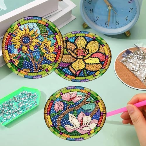 8 Pcs Diamond Art Coasters Kit for Adult with Holder, Diamond Coaster 4x4in