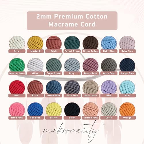 Makromecity, Cotton Macrame Cord 2mm x 195 Yards (590 feet) 2mm Recycled Cotton Crochet Yarn for Macrame Art & Crafts for Wall Hangings, Bags, Underplate, Rug (25 Colors Available) (Benetton Green)