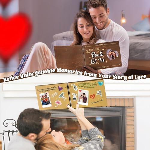 CY2SIDE Valentine's Day Couple Photo Album Scrapbook - 111PCS The Little Book of Us Wooden Album Scrapbook Kit for Lovers with Heart Puzzle Brown Paper Sticker and Template for DIY Dating Anniversary
