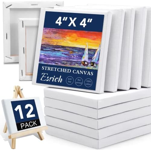 ESRICH Mini Stretched Canvas 12 Pack 4x4inch, 2/5''Profile Art Primed Canvases for Painting, 100% Cotton Small Professional Stretched Canvas for Kids and Art Supplies,for Acrylics,Oils&Other Painting.