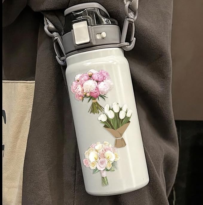 50Pcs Transparent Flower Bouquet Sticker Waterproof Vinyl Aesthetic Clear Floral Stickers for Scrapbooks,Laptops, Water Bottles Journals Girls Teens Adults Teachers Collectors DIY Lovers(Bouquet)