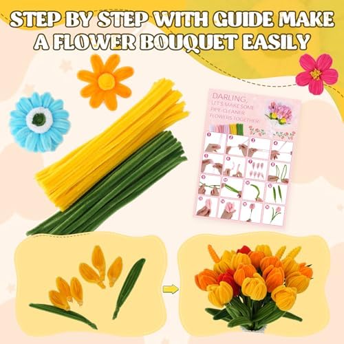800PCS Pipe Cleaners Flower Kit, Pipe Cleaner Bulk Craft Flower Making Kit with Instruction, 8 Colors Thick Chenille Stems for Arts DIY Craft Supplies with Greeting Card, Floral Wires, Tape, Stamen