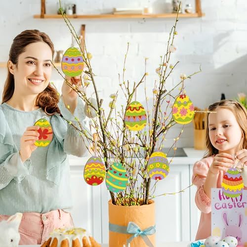 80PCS Wooden Easter Ornaments to Paint, 10 Styles DIY Blank Unfinished Wood Cutouts Ornament for Crafts Hanging Decorations, Egg Rabbit Bunny Butterfly Flower Happy Easter