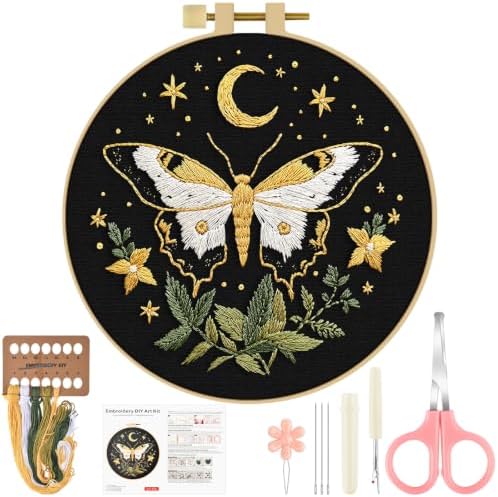 ERKOON Embroidery Kit for Beginners Adult Cross Stitch Set Include Embroidery Cloth Hoop Threads for Craft Lover Hand Stitch with Embroidery Skill Techniques (Moon Butterfly)