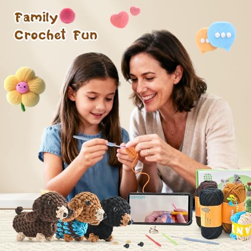 Zummipals Crochet Kit for Beginners, Easy Crochet Kit for Adults w Step-by-Step Vid Tutorials, Beginner Knitting Kit, Makes Crochet Animals Dachshund Crochet Kits, Ideal Crochet Gifts (30% EX Yarn)