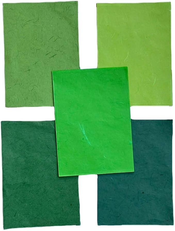A5 50 Sheets Natural Fiber Mulberry Tree Mulberry Paper Sheets Art Tissue Washi Paper Design Craft Art Origami Suppliers Card Making 8.3" x 5.8". (Green Tone, A5)