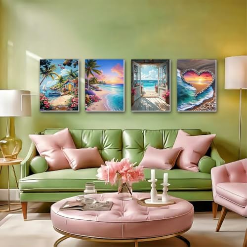 ICYANART 4 Pack Beach Paint by Numbers for Adults with Framed and Easel