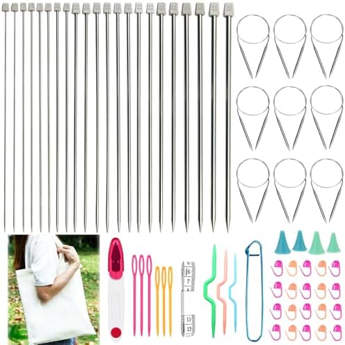Hobekoee Knitting Needles Set,22Pcs 13.8" Straight Single Pointed Metal Knitting Needles Set and 10Pcs 40" Circular Knitting Needles Kit with Storage Bag for Beginners Knitting Lovers