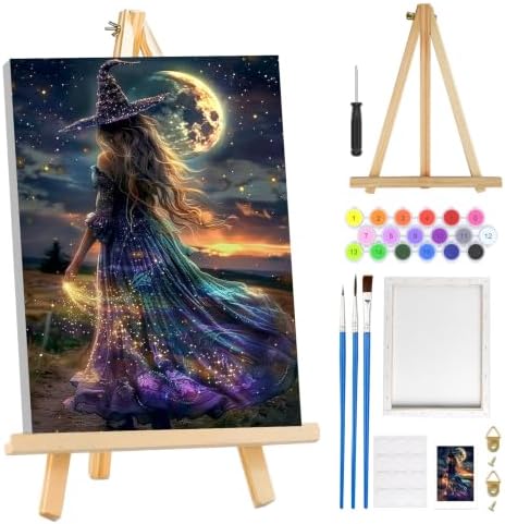 MOGTAA Halloween Paint by Numbers Kit for Adults Beginners with Frame, Witch Adult Paint by Number Kits on Canvas with Easel, Easy DIY Starry Night Oil Painting Kits for Home Decor, 8x12in