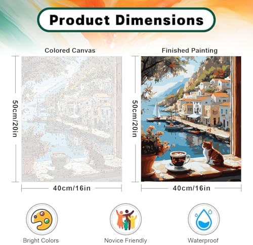 Possoco Paint by Numbers Kit for Adults Beginner Cat, Seaside Landscape Easy Adult Paint by Number Kits on Canvas, DIY Acrylic Number Painting for Adults Teens for Home Decor 16x20 Inch