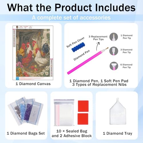 XTCIXAL Diamond Art Kits for Adults, Chicken Diamond Painting, 12x16 Inch