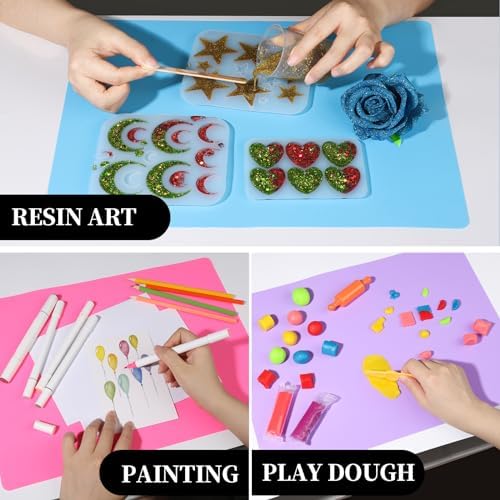 LEOBRO Silicone Mat for Resin Molds, 3 PCS Silicone Mats for Epoxy Resin, UV Resin, Play Dough Mat, Clay Mat, Nonstick Silicone Sheets Pads for DIY Arts and Crafts, Pink & Purple & Blue, 15.7”x 11.7”