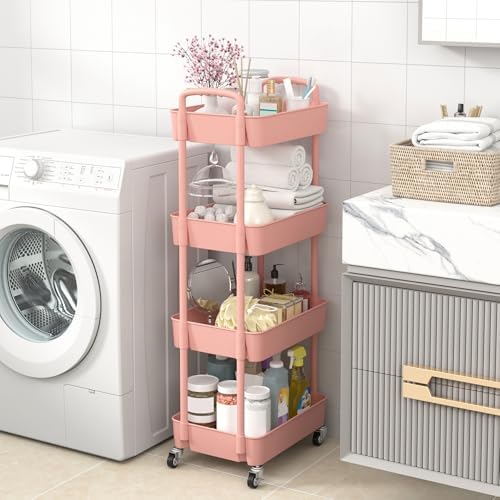 Sywhitta 4-Tier Plastic Rolling Utility Cart with Wheels for Storage, Pink