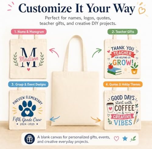 Phicorn Canvas Tote Bags, 15 x 16 in, 8 oz Cotton Blank | Long handles and reinforced stitching; blank cotton canvas for crafts, gifts, shopping, events, and everyday carrying