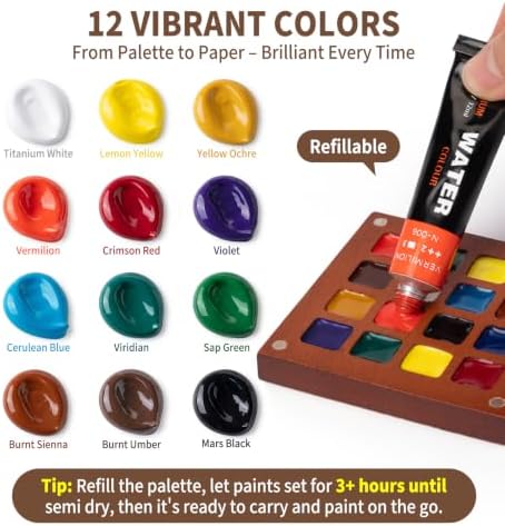 Mini Watercolor Paint Set, All-in-One 12-Color Travel Watercolor Set