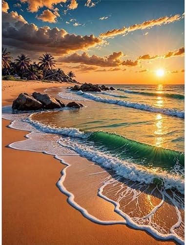 Yezavesu Beach Diamond Art Kits for Adults, Sunset 5D Diamond Painting Kit for Beginners, DIY Round Full Drill Painting with Gem Art Craft Kits for Home Wall Decor 12x16 Inch