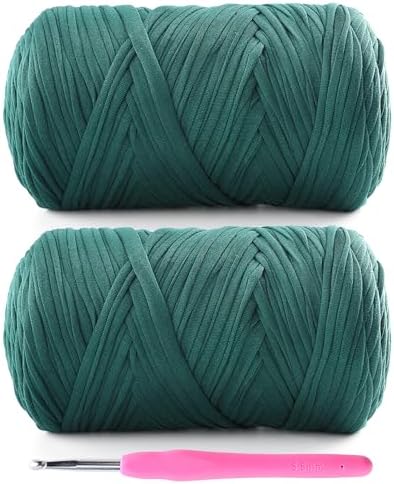 2 Pack T-Shirt Yarn for Crochet - 800 g/260 yds Elastic Fabric T-Shirt Yarn with 1 Crochet Hook (Dark Green)