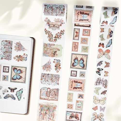 WT Stamped Wings Washi Tape Sticker Set – 3 Rolls Decorative Butterfly & Wing Washi Sticker Tape, Vintage Adhesive Tape for Journaling, Scrapbooking, Planner, DIY Crafts & Wrapping (40mm, 50mm, 60mm)