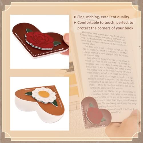 VYRANA 4Pcs Leather Heart Bookmarks - Cute Corner Book Marks Sets for Reading, Vintage Read Lover Gifts for Women Men Teens Kids Reader, Stylish Book Markers for Reading, Ideal Gifts for Planner