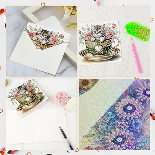 antor 6 Pack DIY Cat in Teacup Diamond Painting Greeting Cards with Envelopes – Cute Animal Rhinestone Art Craft Kit, Handmade Crystal Card Set, Diamond Art Kits for Adults