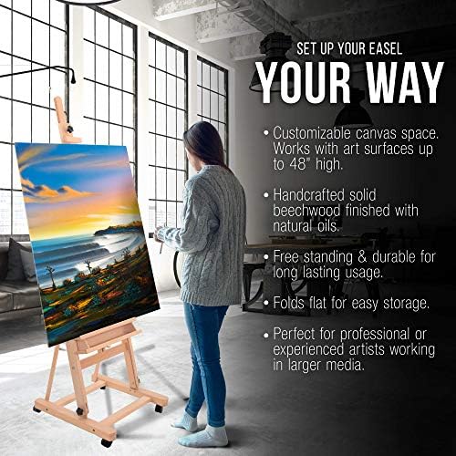 U.S. Art Supply Medium Wooden Studio H Frame Easel with Storage Tray | Also includes Wheels - Adjustable to 96" High, Holds 48" Canvas - Beechwood Artist Easel for Painting, Art Display, Portraits