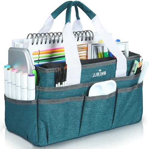 JJRING Craft Organizer Tote Bag Art Storage Caddy Bluish Green | With Multiple Pockets For Sewing, Scrapbooking, School, Medical, And Office Supplies
