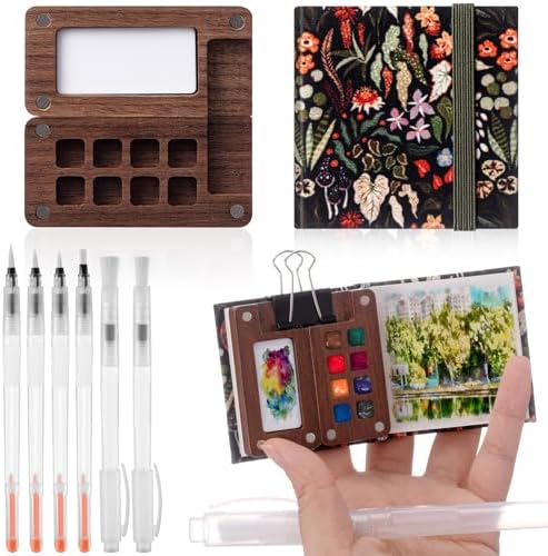 Qilery Mini Portable Watercolor Palette Set Wooden Grid Paint Box Watercolor Paper Sketch Book Brush Pens with Binder Clip for Painters Artist Not Include Paint(Rainforest Secrets)