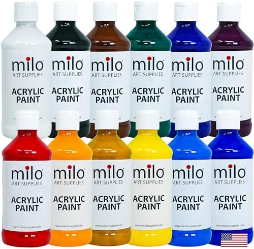 milo Acrylic Paint Set, 12 Primary Colors, 8 oz Bottles, Semi-Gloss
