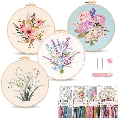 Harimau Adult Beginner Embroidery Starter Kit, Complete Set with 4 Patterns, 2 Hoops, Needles, Scissors, Instruction Guide & Stitching Video Tutorials
