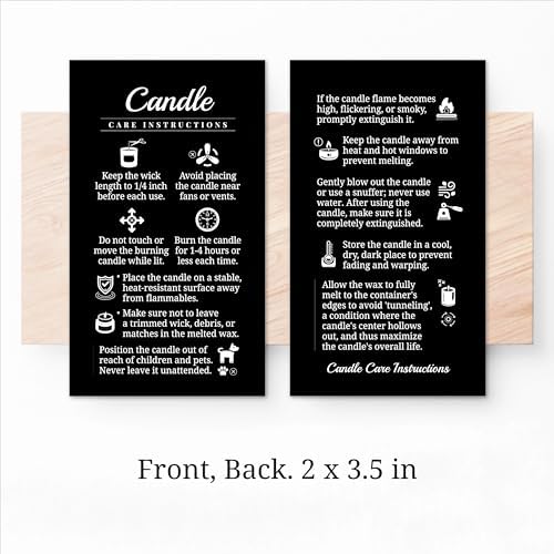 200 pack - Premium Handmade Candle Care Instruction Cards Black 2x3.5 in, Small Business | Soy Bees Wax Melt, Candle Makers, Making Supplies Kit Set, Containers, Jars, Pot, Package