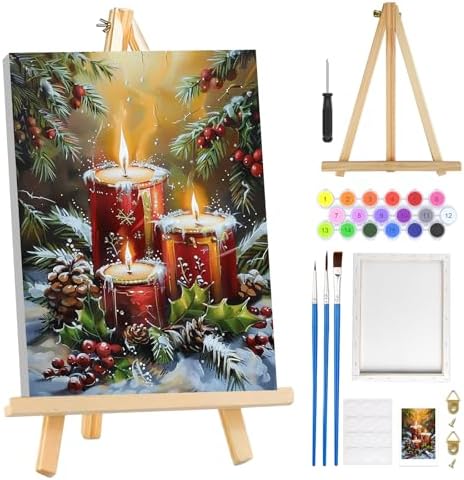MOGTAA Christmas Paint by Numbers Kit for Adults Beginners with Frame, Christmas Candle Adult Paint by Number Kits on Canvas with Easel, Easy DIY Winter Oil Painting Kits for Home Decor, 8x12in