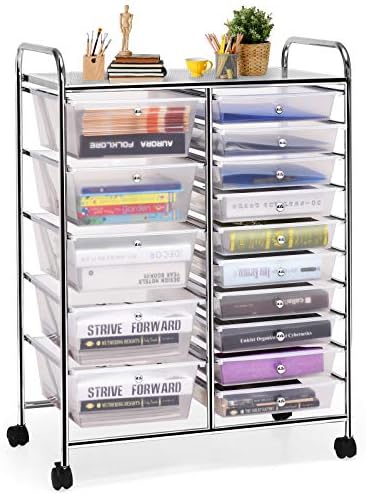 GOFLAME 15-Drawer Rolling Storage Cart, Craft Storage Cart with Removable Drawers & Lockable Wheels, Art Cart Supply Storage Organizer for Home Office Classroom, Clear
