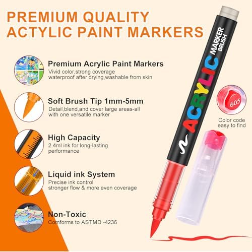 24 Colors Soft Brush Tip Acrylic Markers Set, Paint Pens for Rock, Wood, Fabric, Canvas, Glass, DIY Crafts, Waterproof Paint Markers, Vibrant Acrylic Pens for Artists and Art Projects
