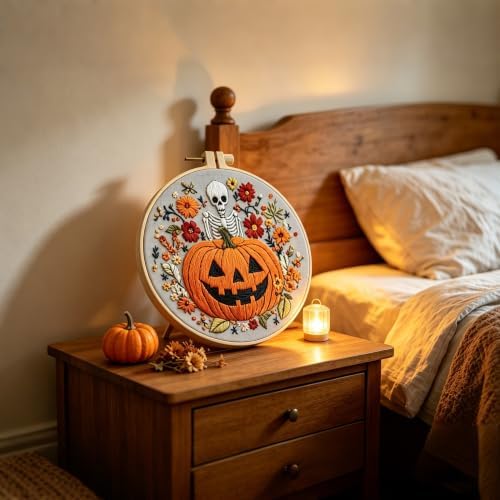 4 Sets Embroidery Kit for Adults, Skull Pumpkin Embroidery Practice Kit