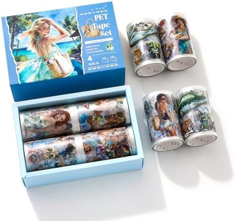 4 Rolls Summer Beach PET Tapes Pre-Cut Tape People Stickers | Transparent journaling Tape Sticker Sticker Rolls for Scrapbook Tape Decorative