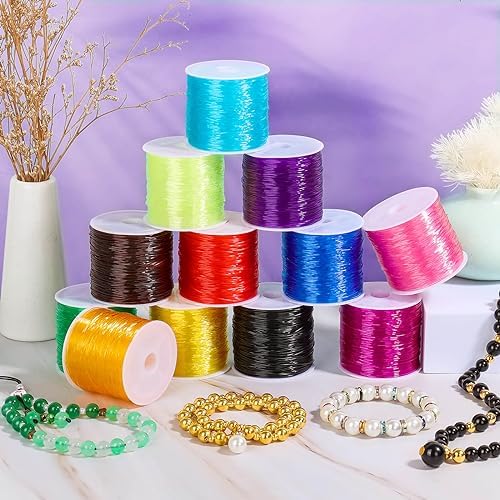 PAXCOO 12 Rolls Elastic Crystal Tec String for Bracelets, 0.8 MM Stretch Bead String Cord Jewelry Thread for Bracelets, Necklaces, Clay Beads, Pony Beads (Multiple Colors)