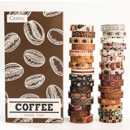 32 Rolls Washi Tape Set,Vintage Coffee Themed Decorative Tape Retro Brown Watercolor Cafe Masking Tape for Journaling Supplies,Junk Journal, Scrapbooking,Planner,DIY Arts & Crafts Supplies
