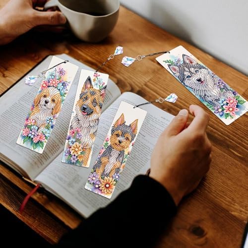 4 Pieces Diamond Art Painting Bookmarks for Adults 5D Floral Rhinestone Bookmarks Animal Dog Art Bookmarks DIY Diamond Painting Bookmarks with Tassels Crafts Supplies