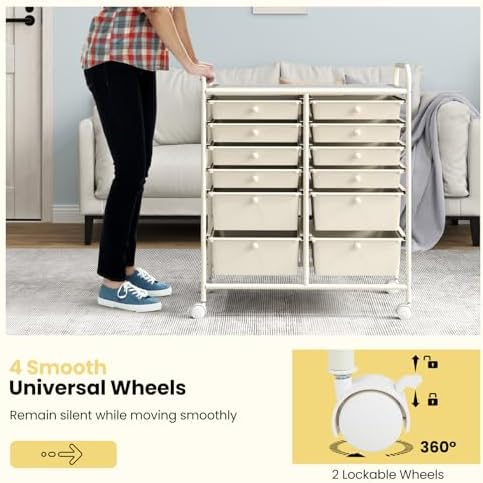LDAILY 12 Drawer Rolling Storage Cart, Craft Cart Organizer on Wheels w/Metal Frame, Large Capacity & Smooth Drawer, Rolling Cart w/Drawers for Classroom, Office